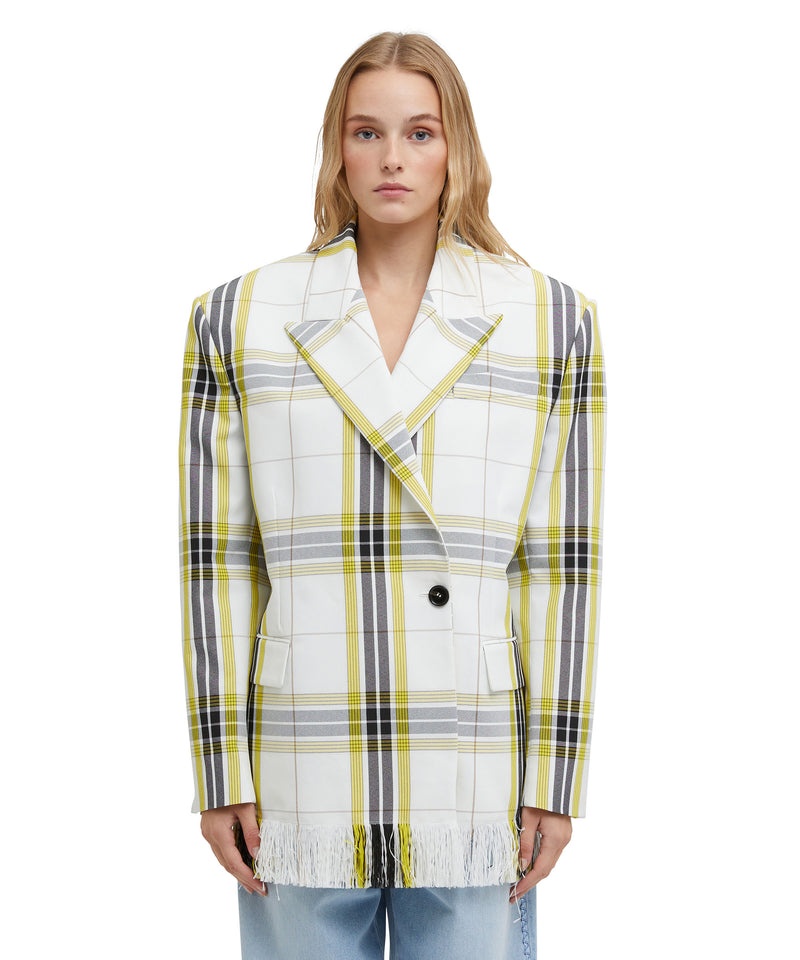 White / Yellow MSGM Asymmetrically Buttoned Jacket In Tecno Canvas Check | USA_MSGM87959