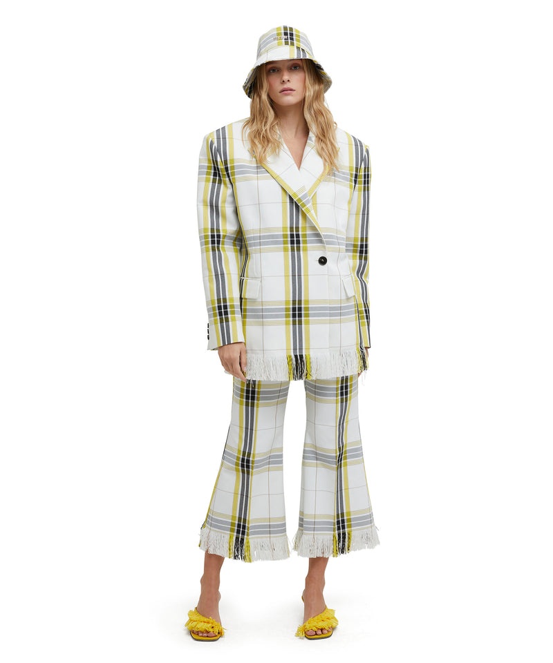 White / Yellow MSGM Asymmetrically Buttoned Jacket In Tecno Canvas Check | USA_MSGM87959