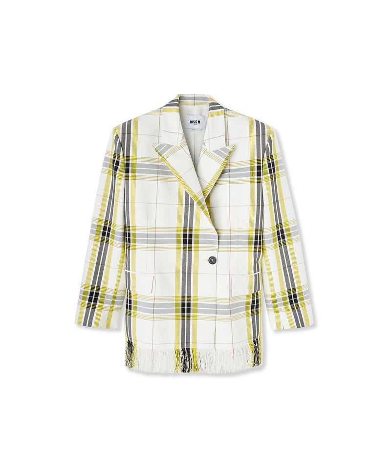 White / Yellow MSGM Asymmetrically Buttoned Jacket In Tecno Canvas Check | USA_MSGM87959