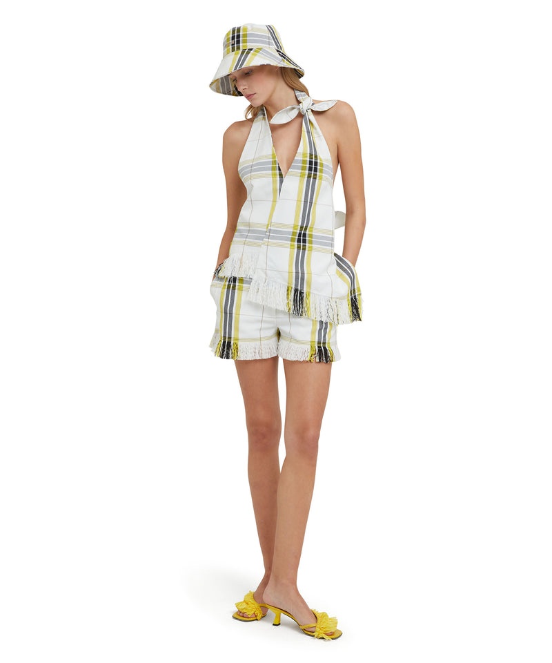 White / Yellow MSGM Tecno Canvas Check Shorts | USA_MSGM99104