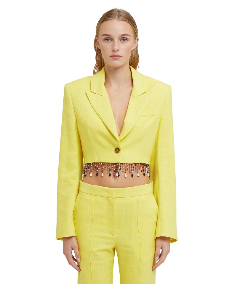 Yellow MSGM Blended Linen Crop Jacket With Beaded Application | USA_MSGM89106