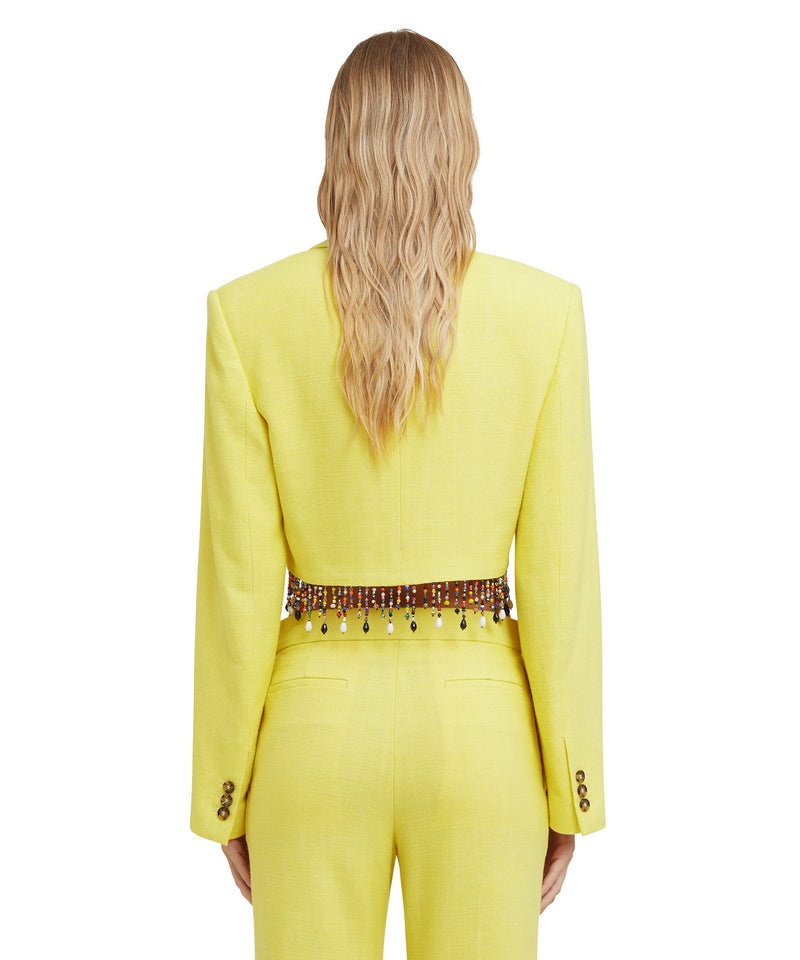 Yellow MSGM Blended Linen Crop Jacket With Beaded Application | USA_MSGM89106