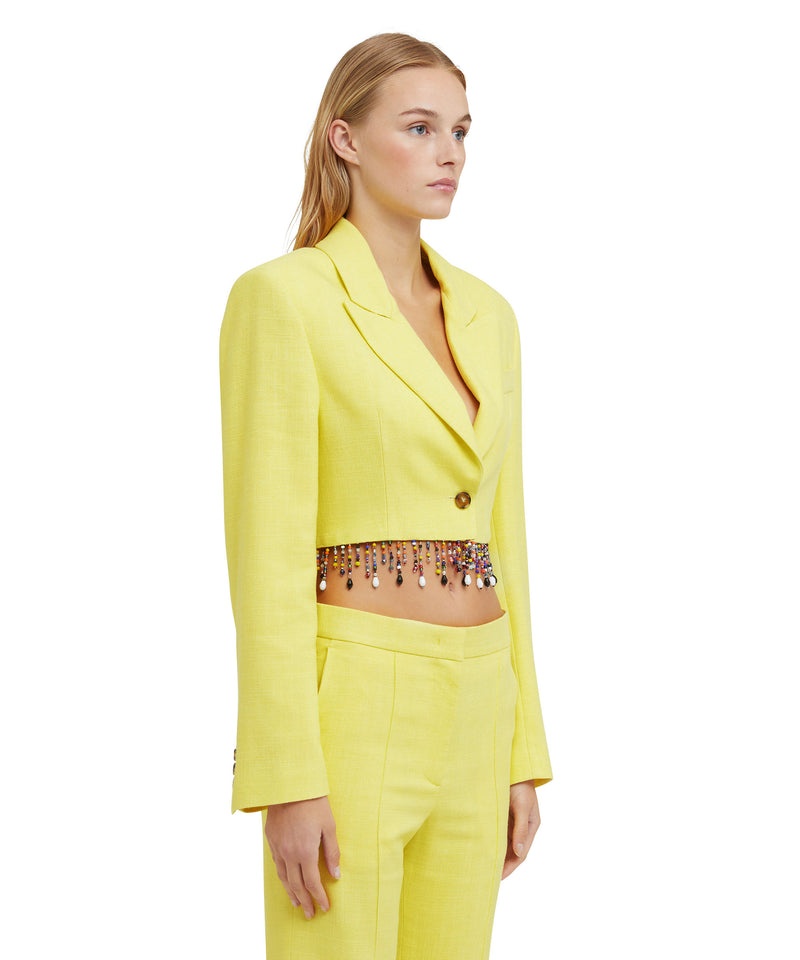 Yellow MSGM Blended Linen Crop Jacket With Beaded Application | USA_MSGM89106