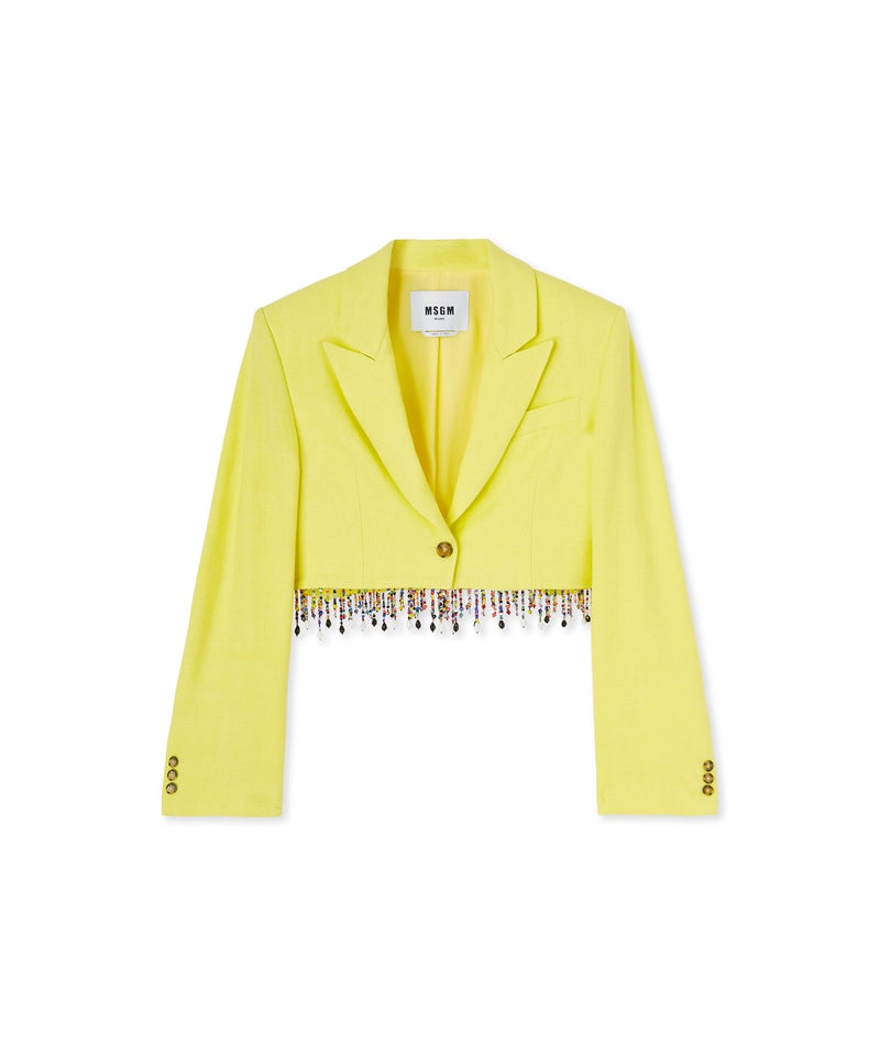 Yellow MSGM Blended Linen Crop Jacket With Beaded Application | USA_MSGM89106