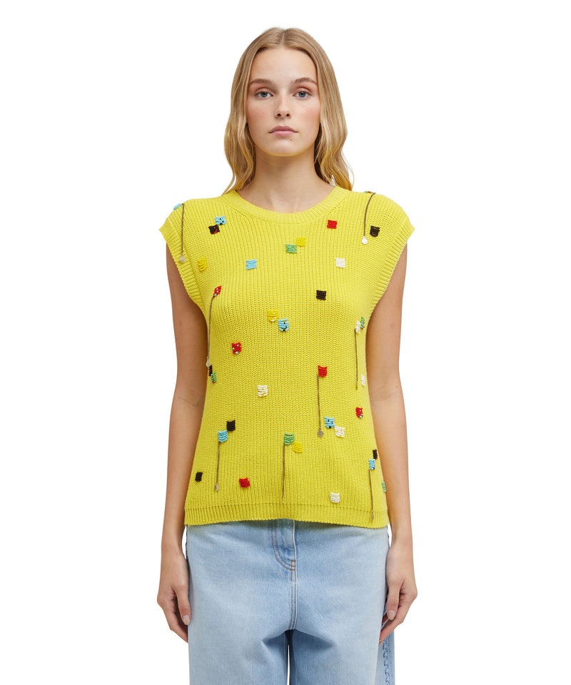 Yellow MSGM English Cotton Ribbed Shirt Sleeveless Top With Embroidered Beads | USA_MSGM80537