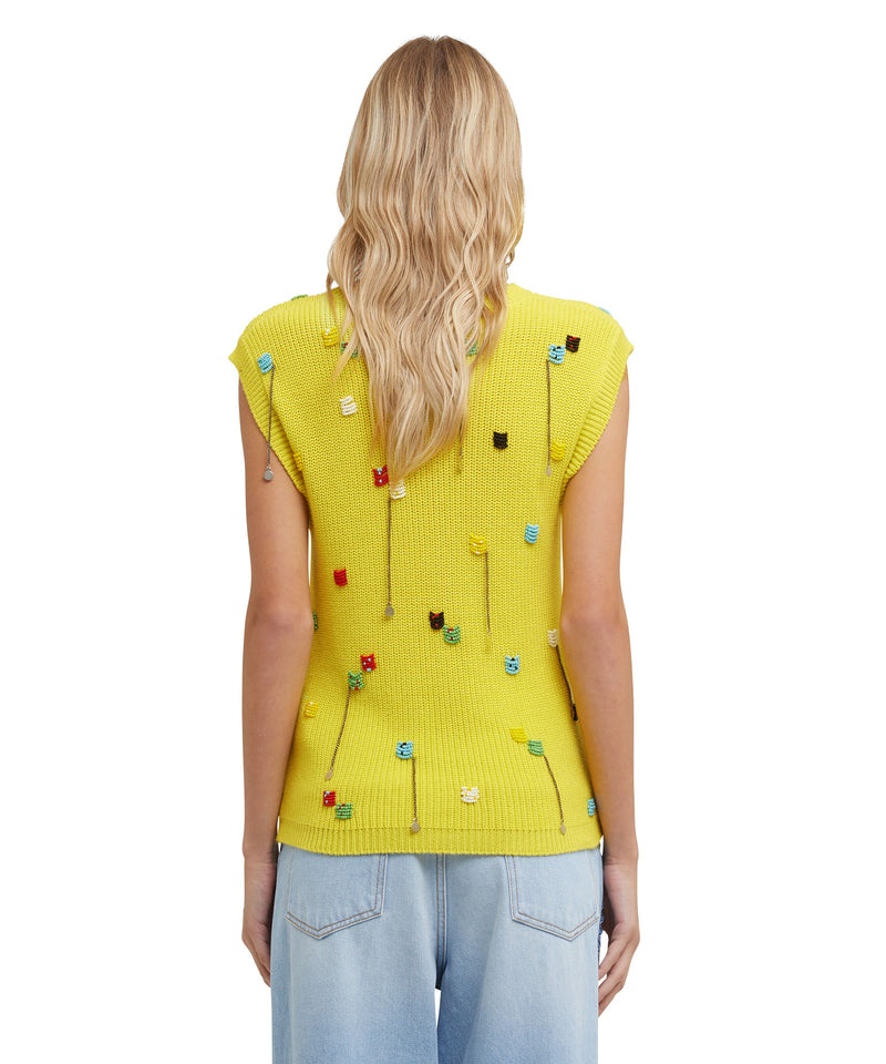 Yellow MSGM English Cotton Ribbed Shirt Sleeveless Top With Embroidered Beads | USA_MSGM80537