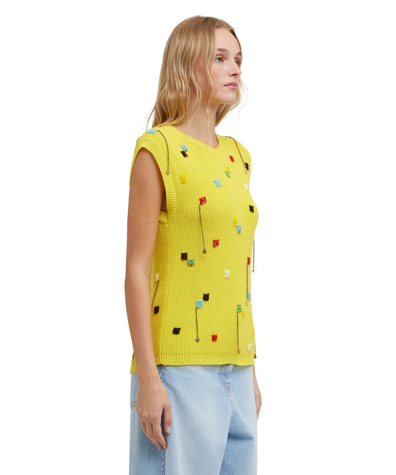 Yellow MSGM English Cotton Ribbed Shirt Sleeveless Top With Embroidered Beads | USA_MSGM80537