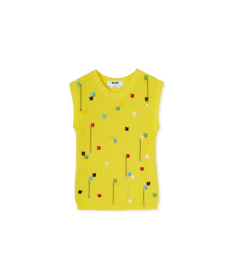 Yellow MSGM English Cotton Ribbed Shirt Sleeveless Top With Embroidered Beads | USA_MSGM80537