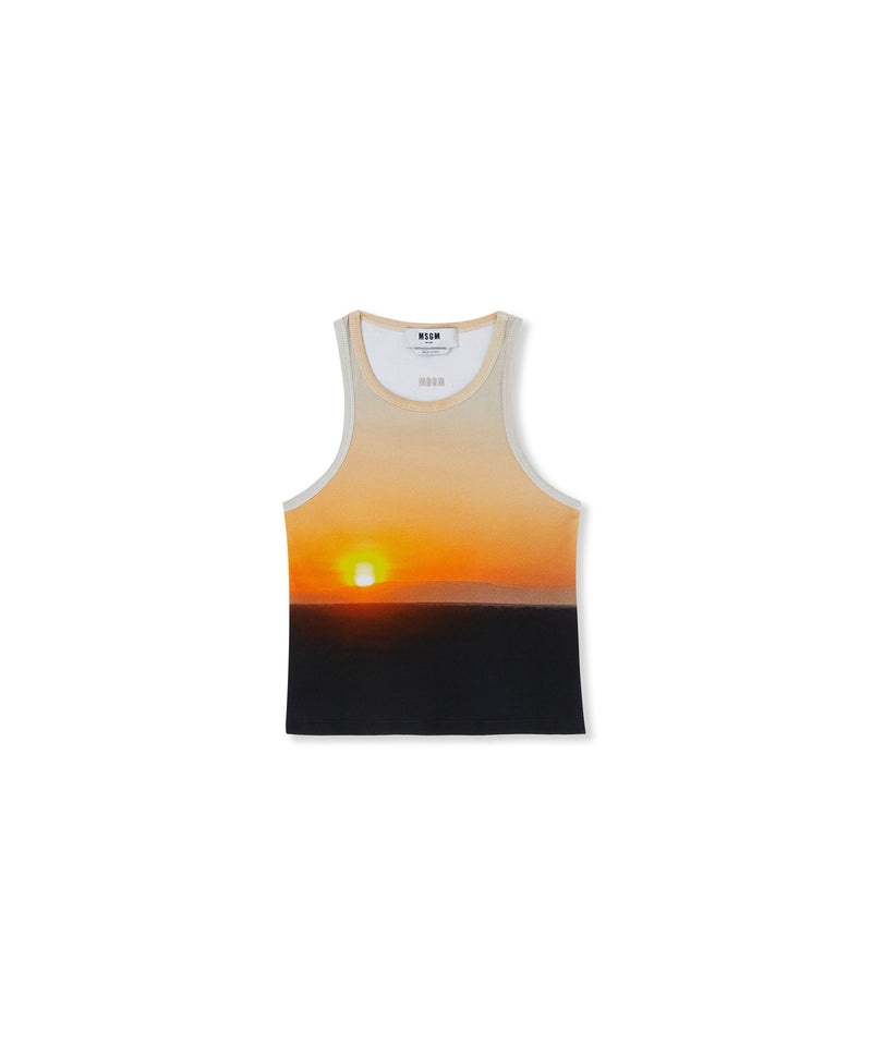 Yellow / Black MSGM Ribbed Jersey Tank Top With Tanzanian Sunset Print | USA_MSGM12472